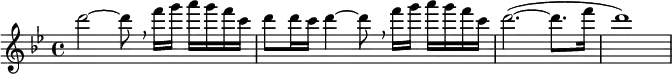 \new Score {
<<
\new Staff {
\relative c''' {
\key g \minor
\time 4/4
\set Staff.midiInstrument = #"piccolo"
d2~ d8 \breathe f16 g16 a16 g16 f16 c16 d8 d16 c16 d4~ d8 \breathe f16 g16 a16 g16 f16 c16 d2.(~ d8. f16 d1)
}
}
>>
}
