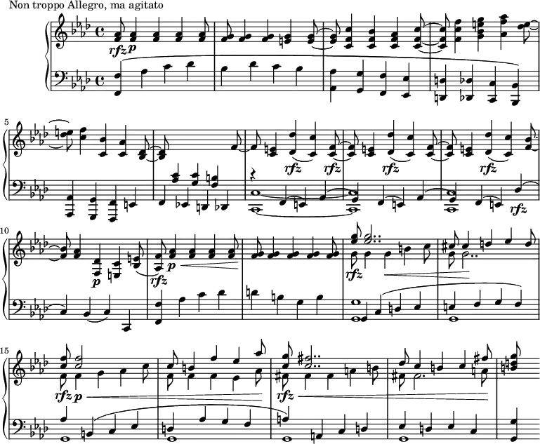 
\version "2.18.2"
\header {
  tagline = ##f
}
upper = \relative c'' {
  \clef treble 
  \key f \minor
  \time 4/4
  \tempo 2 = 84
  %\autoBeamOff

   %%Montgeroult — Étude 114 (pdf p. 220)
   < aes f >8\rfz q4\p q q q8 < g f >8 q4 q < g e >4 q8~ < g e >8 < c f, c >4 < bes f c > < aes f c > < c f, c >8~ < c f, c >8 
   < f c f, >4 < g e bes g > < aes f aes, > < e des >8~ 
   < e des >8 < f c >4 < bes, c, > < aes c, > < des, bes >8~ q
   \stemUp \change Staff = "lower" < c aes >4 < c g > < b f >
   \change Staff = "upper" f'8~ f < e c >4 < des' des, >(\rfz < c c, >) < f, c >8~\rfz q < e c >4 < des' des, >(\rfz < c c, >) < f, c >8~ q < e c >4 < des' des, >(\rfz < c c, >) < bes f >8~ q
   < aes f >4 < des, f, >\p < c e, > < e bes >8( < f aes, >)\rfz

   < aes f >4\p\< q4 q q8 < g f >8\! q4 q q q8
   << { < g' ees >8\rfz q2.. cis,8 cis4 d ees d8 | < f c >8 q2 s4 s8 c8 b4 f' ees aes8 | < g c, >8 < fis c >2.. des8 c4 b c fis8 } \\ { g,8 g4 g\< b c8 g8 g2..\! f8\rfz f4\p\< g aes c8 f, f4 f ees aes8\! fis8\rfz\< fis4 fis a b8 fis fis2. a8\! } >>
   < g' d b >8

}

lower = \relative c {
  \clef bass
  \key f \minor
  \time 4/4

   < f f, >4\( aes c des bes des c bes < aes aes, >4 < g g, > < f f, > < ees ees, > < d d, > < des des, > < c c, > < bes bes, >\)
   < aes aes, > < g g, > < f f, > e f ees! d des
   << { r4 f4( e) aes( g) f4( e) aes( g) f4( e) des'(\rfz c) } \\ { < c c, >1~ q q } >>
   bes4( c) c, < f' f, > aes4 c des d b g b 
   << { g,4 c( d ees e f g f) aes b,( c ees d aes' g f a)^\( a, c d ees d ees c  } \\ { < g' g, >1 g,1 g g g g } >>
   < g' g, >4\)
}

  \header {
    piece = "Non troppo Allegro, ma agitato"
  }

\score {
  \new PianoStaff <<
    \new Staff = "upper" \upper
    \new Staff = "lower" \lower
  >>
  \layout {
    \context {
      \Score
      \remove "Metronome_mark_engraver"
    }
  }
  \midi { }
}
