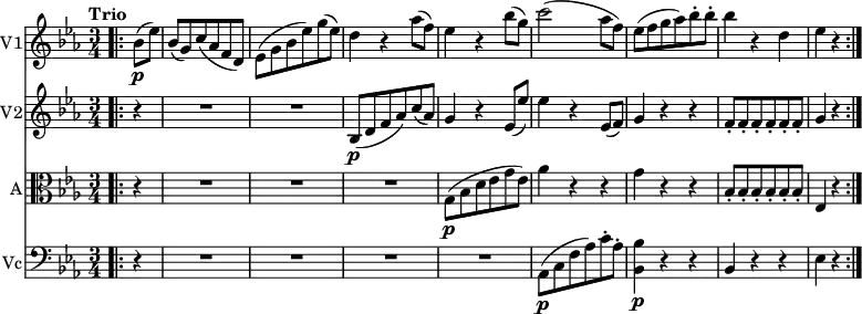 
\version "2.18.2"
 << \new Staff \with { instrumentName = #"V1"}
 \relative c'' {
    \key ees \major 
    \time 3/4
    \tempo "Trio"
    \tempo 4 = 120
     \bar ".|:" \partial 4 bes8 \p (ees) 
     bes (g) c (aes f d)
     ees (g bes ees) g (ees)
     d4 r aes'8 (f)
     ees4 r bes'8 (g)
     c2 (aes8 f)
     ees (f g aes) bes-. bes-.
     bes4 r d,
     ees r \bar ":|."
 }
 \new Staff \with { instrumentName = #"V2"}
  \relative c'' {
    \key ees \major
    \bar ".|:" \partial 4 r4
    \repeat unfold 2 {R1*3/4}
    bes,8 \p (d f aes) c (aes)
    g4 r ees8 (ees')
    ees4 r ees,8 (f)
    g4 r r
    \repeat unfold 6 {f8-.}
    g4 r \bar ":|."
  }
  \new Staff \with { instrumentName = #"A"}
  \relative c'' {
    \clef "alto"
    \key ees \major
     \bar ".|:" \partial 4 r4 
     \repeat unfold 3 {R1*3/4}
     g,8 \p (bes d ees g ees)
     aes4 r r g r r 
      \repeat unfold 6 {bes,8-.}
      ees,4 r
     \bar ":|."
  }
    \new Staff \with { instrumentName = #"Vc"}
  \relative c' {
    \clef "bass"
    \key ees \major
    
     \bar ".|:" \partial 4 r4
     \repeat unfold 4 {R1*3/4}
     aes,8 \p (c f aes) c-. aes-.
     <bes, bes'>4 \p r r
     bes r r
     ees r
     \bar ":|."
  }
  >>
