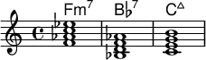 <<
    \new ChordNames \chordmode {
  f1:m7 bes:7 c:maj 
  }
  \new Staff \relative c'{
< f aes c ees>1 <bes, d f aes > < c e g b> }

  >>