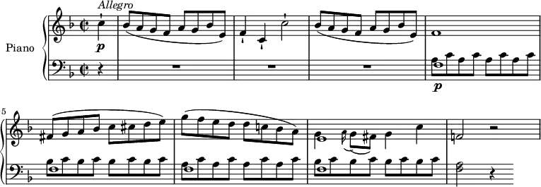 
\version "2.18.2"
\header {
  tagline = ##f
}
upper = \relative c' {
  \clef treble 
  \key f \major
  \time 2/2
  \tempo "Allegro"
  \tempo 4 = 120
  %\autoBeamOff

 
  \partial 4 c'4-! \p^\markup \italic { Allegro }  
  bes8 (a g f a g bes e,)
  f4-! c-! c'2-!
  bes8 (a g f a g bes e,)
  f1
  fis8 (g a bes c cis d e)
  g (f e d d c! bes a)
  << {e1} \\ {g4 \grace a16 (g8) (fis) g4 c} >>
  f,!2 r 
}

lower = \relative c {
  \clef bass
  \key f \major
  \time 2/2
    \set Staff.midiMinimumVolume = #0.2 \set Staff.midiMaximumVolume = #0.5
    \partial 4 r4 R1 R1 R1
    <<{f1\p f f f} \\ {\repeat unfold 4 {a8 c} \repeat unfold 4 {bes8 c} \repeat unfold 4 {a8 c}  \repeat unfold 4 {bes8 c}}>>
    <f, a>2 r4
} 
\score {
  \new PianoStaff <<
    \set PianoStaff.instrumentName = #"Piano"
    \new Staff = "upper" \upper
    \new Staff = "lower" \lower
  >>
  \layout {
    \context {
      \Score
      \remove "Metronome_mark_engraver"
    }
  }
  \midi { }
}
