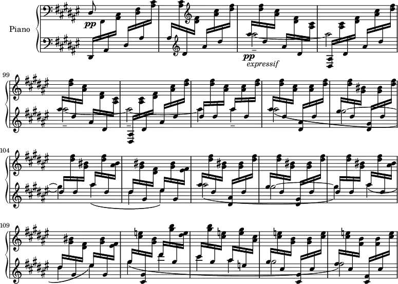 \version "2.18.2"
\header {
tagline=##f
}
upper=\relative c' {
%\clef treble
\key fis \major
\time 2/4
\omit Staff.TimeSignature
\tempo 4=130 % ravel note 144, mais sonne mieux pour l'exemple
\tempo "Vif"
\set Score.currentBarNumber=#95
\set Staff.midiInstrument=#"acoustic grand"
\clef bass \stemUp dis,8\pp s8 s4*3
% ms. 97 à 100
\change Staff="lower" \clef treble \stemDown ais'''2_-_~-\tweak stencil ##f \fff ais-\tweak stencil ##f \fff ais2_-_~ -\tweak stencil ##f \fff ais_-_~ ais4-\tweak stencil ##f \fff ais4_--\tweak stencil ##f \fff \repeat unfold 2 { ais2_\(-\tweak stencil ##f \fff gis~-\tweak stencil ##f \fff gis4_\) ais4_\(-\tweak stencil ##f \fff dis,-\tweak stencil ##f \fff eis\) } gis4_\( dis'-\tweak stencil ##f \fff cis4-\tweak stencil ##f \fff ais-\tweak stencil ##f \fff gis2-\tweak stencil ##f \fff fis\) % fin ms. 113
}
lower=\relative c {
\clef bass
\key fis \major
\time 2/4
\omit Staff.TimeSignature
\set Staff.midiInstrument=#"acoustic grand"
\set Score.proportionalNotationDuration=#(ly:make-moment 1/16)
% ms. 95
dis,16 \change Staff="upper" fis16 \change Staff="lower" ais \change Staff="upper" < ais cis >16
\change Staff="lower" \stemUp dis16 \change Staff="upper" \stemDown < dis fis >16 \repeat unfold 2 { \change Staff="lower" \stemUp ais' \change Staff="upper" \stemDown < ais cis >16 }
% ms. 96 suite
\change Staff="lower" \stemUp \clef treble dis16 \change Staff="upper" \stemDown \clef treble < dis fis >16 \change Staff="lower" \stemUp ais' \change Staff="upper" \stemDown < ais cis >16 \change Staff="lower" \stemUp dis \change Staff="upper" \stemDown < dis fis >16
% ms. 97 et 98 * 99 et 100
s4*0\pp-\markup { \italic "expressif"}
\clef treble
\repeat unfold 2 {
% ms. 97 et 99
\change Staff="lower" \stemUp ais'16 \change Staff="upper" \stemDown < dis, fis >16
\change Staff="lower" \stemUp dis16 \change Staff="upper" \stemDown < ais cis >16
\change Staff="lower" \stemUp ais16 \change Staff="upper" \stemDown < dis, fis >16
\change Staff="lower" \stemUp dis16 \change Staff="upper" \stemDown < ais cis >16
% ms. 98 et 100
\change Staff="lower" \stemUp < dis, ais' >16 \change Staff="upper" \stemDown \clef treble < ais' cis >16
\change Staff="lower" \stemUp dis16 \change Staff="upper" \stemDown < dis fis >16
\change Staff="lower" \stemUp ais' \change Staff="upper" \stemDown < ais cis >16
\change Staff="lower" \stemUp dis16 \change Staff="upper" \stemDown < dis fis >16
} % repet
% ms. 101
\change Staff="lower" \stemUp dis16 \change Staff="upper" \stemDown \clef treble < dis fis >16
\change Staff="lower" \stemUp dis16 \change Staff="upper" \stemDown < ais cis >16
\change Staff="lower" \stemUp ais'16 \change Staff="upper" \stemDown \clef treble < ais, cis >16
\change Staff="lower" \stemUp dis16 \change Staff="upper" \stemDown < dis fis >16
% ms. 102
\change Staff="lower" \stemUp ais'16 \change Staff="upper" \stemDown \clef treble < dis, fis >16
\change Staff="lower" \stemUp dis16 \change Staff="upper" \stemDown < ais cis >16
\change Staff="lower" \stemUp < dis, ais' >16 \change Staff="upper" \stemDown \clef treble < ais' cis >16
\change Staff="lower" \stemUp dis16 \change Staff="upper" \stemDown < dis fis >16
% ms. 103
\change Staff="lower" \stemUp gis16 \change Staff="upper" \stemDown \clef treble < dis fis >16
\change Staff="lower" \stemUp dis16 \change Staff="upper" \stemDown < gis, bis >16
\change Staff="lower" \stemUp < dis gis >16 \change Staff="upper" \stemDown \clef treble < gis bis >16
\change Staff="lower" \stemUp dis'16 \change Staff="upper" \stemDown < dis fis >16
% ms. 104
\change Staff="lower" \stemUp dis16 \change Staff="upper" \stemDown \clef treble < dis fis >16
\change Staff="lower" \stemUp dis16 \change Staff="upper" \stemDown < gis, bis >16
\change Staff="lower" \stemUp ais'16 \change Staff="upper" \stemDown \clef treble < dis, fis >16
\change Staff="lower" \stemUp dis16 \change Staff="upper" \stemDown < ais bis >16
% ms. 105
\change Staff="lower" \stemUp dis16 \change Staff="upper" \stemDown \clef treble < gis, bis >16
\change Staff="lower" \stemUp gis16 \change Staff="upper" \stemDown < dis fis >16
\change Staff="lower" \stemUp eis'16 \change Staff="upper" \stemDown \clef treble < gis, bis >16
\change Staff="lower" \stemUp gis16 \change Staff="upper" \stemDown < eis fis >16
% ms. 106
\change Staff="lower" \stemUp ais'16 \change Staff="upper" \stemDown \clef treble < dis, fis >16
\change Staff="lower" \stemUp dis16 \change Staff="upper" \stemDown < gis, bis >16
\change Staff="lower" \stemUp < dis ais' >16 \change Staff="upper" \stemDown \clef treble < gis bis >16
\change Staff="lower" \stemUp dis'16 \change Staff="upper" \stemDown < dis fis >16
% ms. 107
\change Staff="lower" \stemUp gis16 \change Staff="upper" \stemDown \clef treble < dis fis >16
\change Staff="lower" \stemUp dis16 \change Staff="upper" \stemDown < gis, bis >16
\change Staff="lower" \stemUp < dis gis >16 \change Staff="upper" \stemDown \clef treble < gis bis >16
\change Staff="lower" \stemUp dis'16 \change Staff="upper" \stemDown < dis fis >16
% ms. 108=104
\change Staff="lower" \stemUp dis16 \change Staff="upper" \stemDown \clef treble < dis fis >16
\change Staff="lower" \stemUp dis16 \change Staff="upper" \stemDown < gis, bis >16
\change Staff="lower" \stemUp ais'16 \change Staff="upper" \stemDown \clef treble < dis, fis >16
\change Staff="lower" \stemUp dis16 \change Staff="upper" \stemDown < ais bis >16
% ms. 109=105
\change Staff="lower" \stemUp dis16 \change Staff="upper" \stemDown \clef treble < gis, bis >16
\change Staff="lower" \stemUp gis16 \change Staff="upper" \stemDown < dis fis >16
\change Staff="lower" \stemUp eis'16 \change Staff="upper" \stemDown \clef treble < gis, bis >16
\change Staff="lower" \stemUp gis16 \change Staff="upper" \stemDown < eis fis >16
% ms. 110
\change Staff="lower" \stemUp gis'16 \change Staff="upper" \stemDown \clef treble < cis, e >16
\change Staff="lower" \stemUp < cis, gis' >16 \change Staff="upper" \stemDown < gis' b >16
\change Staff="lower" \stemUp dis''16 \change Staff="upper" \stemDown \clef treble < gis, b >16
\change Staff="lower" \stemUp gis16 \change Staff="upper" \stemDown < dis e >16
% ms. 111
\change Staff="lower" \stemUp cis'16 \change Staff="upper" \stemDown \clef treble < gis b >16
\change Staff="lower" \stemUp gis16 \change Staff="upper" \stemDown < cis, e >16
\change Staff="lower" \stemUp ais'16 \change Staff="upper" \stemDown \clef treble < e gis >16
\change Staff="lower" \stemUp e16 \change Staff="upper" \stemDown < ais, cis >16
% ms. 112
\change Staff="lower" \stemUp gis'16 \change Staff="upper" \stemDown \clef treble < cis, e >16
\change Staff="lower" \stemUp cis16 \change Staff="upper" \stemDown < gis b >16
\change Staff="lower" \stemUp < cis, gis' >16 \change Staff="upper" \stemDown \clef treble < gis' b >16
\change Staff="lower" \stemUp cis16 \change Staff="upper" \stemDown < cis e >16
% ms. 113|il faut bien aller au bout du chant...
\change Staff="lower" \stemUp fis16 \change Staff="upper" \stemDown \clef treble < cis e >16
\change Staff="lower" \stemUp cis16 \change Staff="upper" \stemDown < fis, b >16
\change Staff="lower" \stemUp < cis fis >16 \change Staff="upper" \stemDown \clef treble < fis b >16
\change Staff="lower" \stemUp cis'16 \change Staff="upper" \stemDown < cis e >16
}
\score {
\new PianoStaff <<
\set PianoStaff.instrumentName=#"Piano"
\new Staff="upper" \upper
\new Staff="lower" \lower
>>
\layout {
#(layout-set-staff-size 16)
\context {
\Score
\override SpacingSpanner.common-shortest-duration=#(ly:make-moment 1/3)
\remove "Metronome_mark_engraver"
}
}
\midi { }
}