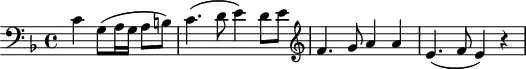 
\header {
  tagline = ##f
}

\score {
  \new Staff \with {

  }
<<
  \relative c' {
    \key f \major
    \clef bass
    \time 4/4
    \tempo 4 = 80
    \override TupletBracket #'bracket-visibility = ##f 
    %\autoBeamOff
    \set Staff.midiInstrument = #"string ensemble 1"
  \set Score.currentBarNumber = #31
  \bar ""
     %%% AB 5-2 th2
     \partial 2. c4 g8( a16 g a8 b!) c4.( d8 e4) d8 e \clef treble f4. g8 a4 a e4.( f8 e4) r4

  }
>>
  \layout {
    \context { \Score \remove "Metronome_mark_engraver"
    }
  }
  \midi {}
}
