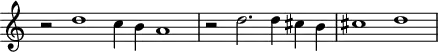 
\header {
  tagline = ##f
}

\score {
  \new Staff \with {
     \remove "Time_signature_engraver"
  }
<<
  \relative c'' {
    \key c \major
    %\clef bass
    \time 3/1
    \override TupletBracket #'bracket-visibility = ##f 

     %%% f° 2
     r2 d1 c4 b a1 \time 4/2 r2 d2. d4 cis b cis1  d

  }
>>
  \layout {
     \context { \Score \remove "Metronome_mark_engraver" }
  }
  \midi {}
}
