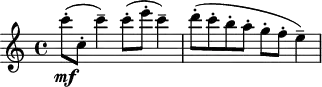 
\header {
  tagline = ##f
}

\score {
  \new Staff \with {

  }
<<
  \relative c'' {
    \key c \major
    \time 4/4
    \tempo 4 = 132
    \override TupletBracket #'bracket-visibility = ##f 
    %\autoBeamOff
    \set Staff.midiInstrument = #"string ensemble 1"

     %%%%%%%%%%%%%%%%%%%%%%%%%% Appalachian
     c'8-.\mf( c,-. c'4--) c8-.( e-. c4--) d8-.( c-. b-. a-. g-. f-. e4--)

  }
>>
  \layout {
    \context {
      \Score
      \remove "Metronome_mark_engraver"
    }
  }
  \midi {}
}
