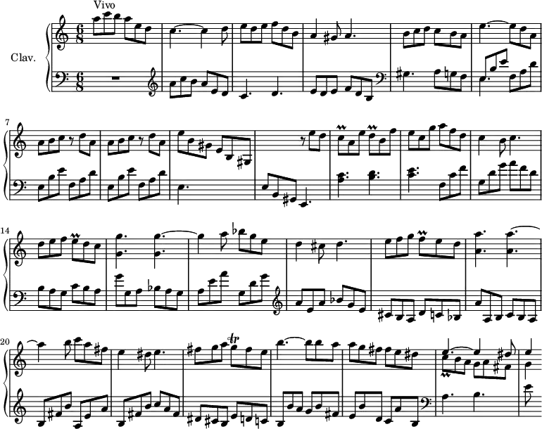 
\version "2.18.2"
\header {
  tagline = ##f
}

%% les petites notes
trillCq    = { \tag #'print { c8\prall } \tag #'midi { \times 2/3 { d32 c d } c16 } }
trillDq    = { \tag #'print { d8\prall } \tag #'midi { \times 2/3 { e32 d e } d16 } }
trillEq    = { \tag #'print { e8\prall } \tag #'midi { \times 2/3 { f32 e f } e16 } }
trillFq    = { \tag #'print { f8\prall } \tag #'midi { \times 2/3 { g32 f g } f16 } }
trillGq    = { \tag #'print { g8\trill } \tag #'midi { \times 2/3 { a32 g a } g16 } }

upper = \relative c'' {
  \clef treble 
  \key a \minor
  \time 6/8
  \tempo 4. = 120
  \set Staff.midiInstrument = #"harpsichord"
  \override TupletBracket.bracket-visibility = ##f

     s4*0^\markup{Vivo} a'8 c b  a e d | c4.~ c4 d8 | e d e  f d b | a4 gis8 a4. |
     % ms. 5
     b8 c d  c b a | e'4.~ e8 d a | \repeat unfold 2 { a8 b c r8 d8 a } | e'8 b gis  e b gis | 
     % ms. 10
     s4. r8 e''8 d | \trillCq a8 e' \trillDq b8 f' | e c g' a f d | c4 b8 c4. | d8 e f \trillEq d8 c | 
     % ms. 15
     < g g' >4. q~ | g'4 a8 bes g e | d4 cis8 d4. | e8 f g  \trillFq e8 d | < a a' >4. q~ | 
     % ms. 20
     a'4 b8 c a fis | e4 dis8 e4. | fis8 g a  \trillGq fis8 e | b'4.~ b8 b a | a g fis fis e dis |
     % ms. 25
     << { e4.~ e4 dis8 | e4 } \\ { \trillCq b8 a  g a fis | g4 } >>

}

lower = \relative c' {
  \clef bass
  \key a \minor
  \time 6/8
  \set Staff.midiInstrument = #"harpsichord"
  \override TupletBracket.bracket-visibility = ##f

    % **************************************
      R2. |   \clef treble  a'8 c b  a e d | c4. d | e8 d e  f d b |
      % ms. 5
      \clef bass gis4. a8 g f | << { \mergeDifferentlyDottedOn e8 b' e } \\ { e,4. } >> f8 a d | \repeat unfold 2 { e,8 b' e | f, a d } e,4. s4. | 
      % ms. 10
      e8 b gis e4. | < a' c >4. < b d > | < c e > f,8 c' f | g, d' g  a f d | b a g  c b a | 
      % ms. 15
      g' g, a bes a g | a e' a  g, d' g | \clef treble a8 e a  bes g e | cis b a d c bes | a' a, b  c b a | 
      % ms. 20
      b fis' b  a, e' a | b, fis' b  c a fis | dis cis b  e d c | b b' a  g b fis | e b' d,  c a' b, | 
      % ms. 25
      \clef bass a4. b | e8

}

thePianoStaff = \new PianoStaff <<
    \set PianoStaff.instrumentName = #"Clav."
    \new Staff = "upper" \upper
    \new Staff = "lower" \lower
  >>

\score {
  \keepWithTag #'print \thePianoStaff
  \layout {
      #(layout-set-staff-size 17)
    \context {
      \Score
     \override SpacingSpanner.common-shortest-duration = #(ly:make-moment 1/2)
      \remove "Metronome_mark_engraver"
    }
  }
}

\score {
  \keepWithTag #'midi \thePianoStaff
  \midi { }
}
