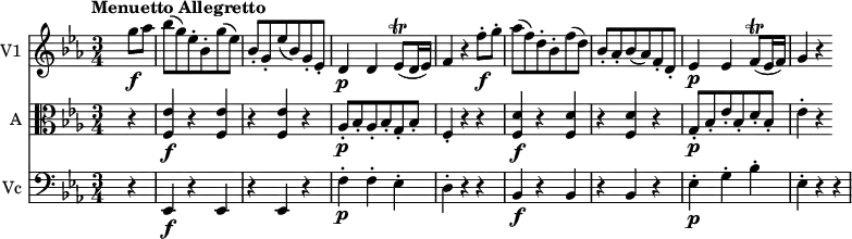 
<< \new Staff \with { instrumentName = #"V1 "}  
     \relative c'' {
    \version "2.18.2"
    \key ees \major 
    \tempo "Menuetto Allegretto"
    \time 3/4
    \tempo 4 = 140
  s2 g'8\f aes 
  bes (g) ees-. bes-. g' (ees)
  bes-. g-. ees' (bes) g-. ees-.
  d4\p d ees8\trill (d16 ees)
  f4 r
  f'8-.\f g-. 
  aes (f) d-. bes-. f' (d)
  bes-. aes-. bes (aes) f-. d-.
  ees4\p ees f8\trill (ees16 f)
  g4 r
}
\new Staff \with { instrumentName = #"A "} \relative c' {
    \key ees \major 
    \clef "alto"
    s2 r4 <f, ees'>4\f r <f ees'> r <f ees'> r
    aes8-.\p bes-. aes-. bes-.g-. bes-.
    f4-. r r
    <f d'>4\f r <f d'> r <f d'> r
    g8-.\p bes-. ees-. bes-. d-. bes-.
    ees4-. r
    
 }
 \new Staff \with { instrumentName = #"Vc "} \relative c' {
    \key ees \major 
    \clef "bass"
    s2 r4 ees,,\f r ees r ees r
    f'-.\p f-. ees-.
    d-. r r 
    bes4\f  r bes r bes r
    ees-.\p g-. bes-. ees,-. r r
 } 
>>
