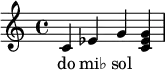 {
<<
\relative c' {
\key c \major
\time 4/4
\transposition c'
c ees g << g ees c >>
}
\addlyrics { do mi♭ sol
}
>>
}