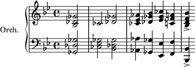 
\version "2.18.2"
\header {
  tagline = ##f
}
upper = \relative c'' {
  \clef treble 
  \key bes \major
    \time 4/4
    \tempo 4 = 80
  %\autoBeamOff
    \set Staff.midiInstrument = #"string ensemble 1"
  \set Score.currentBarNumber = #173
  \bar ""

   \partial 2 < ges des bes >2 ces,2 < ges' des >2 < aes ees ces >4 < bes ges des > < ces ges ees > < a! f c! >
   < bes f d bes >->

}

lower = \relative c' {
  \clef bass
  \key bes \major
    \time 4/4
    \set Staff.midiInstrument = #"string ensemble 1"
    < ges des ges, >2 < ges ees ces > < ges des bes > < aes aes, >4 < ges ges, > < ees ees, > < f f, > \tempo 4 = 50 < bes, bes, >->
   
} 

\score {
  \new PianoStaff <<
    \set PianoStaff.instrumentName = #"Orch."
    \new Staff = "upper" \upper
    \new Staff = "lower" \lower
  >>
  \layout {
    \context {
      \Score
      \remove "Metronome_mark_engraver"
    }
  }
  \midi { }
}

