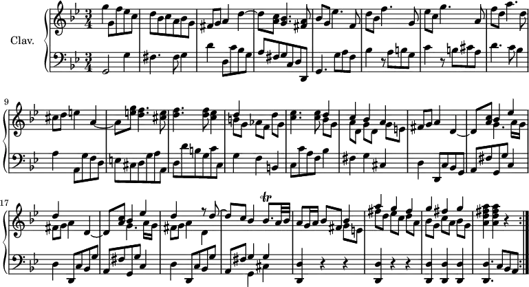 
\version "2.18.2"
\header {
  tagline = ##f
}

%% les petites notes
trillBes      = { \tag #'print { bes'8.\trill } \tag #'midi { c32 bes c bes~ bes16 } }

upper = \relative c'' {
  \clef treble 
  \key g \minor
  \time 3/4
  \tempo 4 = 80
  \set Staff.midiInstrument = #"harpsichord"

  \repeat volta 2 {
      g'4 g,8 f' ees c | d bes c a bes g | fis g a4 d~ | d8 < a c > < g bes >4. < fis a >8 |
      % ms. 5
      bes8 g ees'4. f,8 | d' bes f'4. g,8 | ees' c g'4. a,8 | f' d a'4. d,8 | cis d e4 a,4~ |
      % ms. 10
      a8 < e' g >8 < d f >4. < cis e >8 | < d f >4. q8 < c ees >4 | << { d4 } \\ { b8 g aes[ f] d' g, } >> | < c ees >4. < c ees >8 << { d4 | c bes a } \\ { bes8 g | a[ d,] g d g[ e] } >> % la mesure 12 est plus conforme à Venise
      % ms. 15
      fis8 g a4 \repeat unfold 2 { d,~ | d8 < a' c > << { bes4 ees | d s4 } \\ { g,4. a16 g fis8 g a4 } >> } << { r8 d8~ | d c bes4 } \\ { d, } >>
      % ms. 20 temps 3
      \trillBes a32 bes | a8 g16 a bes8 fis << { bes4 | a' g fis | g fis g } \\ { g,8 e | fis'[ d] ees c d[ a] | bes g c[ a] bes g } >> | < a d fis a >4 q r4
}%reprise

}

lower = \relative c' {
  \clef bass
  \key g \minor
  \time 3/4
  \set Staff.midiInstrument = #"harpsichord"

  \repeat volta 2 {
    % **************************************
       g,2 g'4 | fis4. fis8 g4 | d' d,8 c' bes g | a fis g c, d d, |
       % ms. 5
       g4. g'8 a f | bes4 r8 a8 b g | c4 r8 b8 cis a | d4. c8 bes4 | a a,8 g' f d |
       % ms. 10
       e8 cis d g a a, | d d' b g c c, | g'4 f b, | c8 c' a f bes4 | fis g cis, |
       % ms. 15
       d4 d,8 c' bes g | a fis' g, g' c,4 | d d,8 c' bes g' | a, fis' g, g' c,4 | d d,8 c' bes g' |
       % ms. 20
       a,8 fis' << { g4 g } \\ { g,4 cis } >> \repeat unfold 2 { < d, d' >4 r4 r4 } | < d d' >4 q q | < d d' >4. c'8 bes a 
}%reprise

}

thePianoStaff = \new PianoStaff <<
    \set PianoStaff.instrumentName = #"Clav."
    \new Staff = "upper" \upper
    \new Staff = "lower" \lower
  >>

\score {
  \keepWithTag #'print \thePianoStaff
  \layout {
      #(layout-set-staff-size 17)
    \context {
      \Score
     \override SpacingSpanner.common-shortest-duration = #(ly:make-moment 1/2)
      \remove "Metronome_mark_engraver"
    }
  }
}

\score {
  \unfoldRepeats
  \keepWithTag #'midi \thePianoStaff
  \midi { }
}
