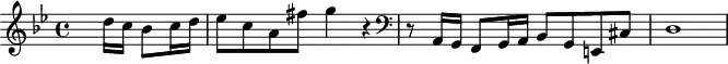 
\version "2.18.2"
\header {

  tagline = ##f
}

\score {
  \new Staff \with {

  }
<<
  \relative c'' {
    \key g \minor
    \time 4/4
    %\set Score.barNumberVisibility = #all-bar-numbers-visible
    \set Score.currentBarNumber = #5
    %\bar ""
     %%% Bach - contre sujet ^\markup{5}
    
     \partial 2 s8
     d16 c bes8 c16 d ees8 c a fis' g4 r4
      
     { \clef bass 
     r8 a,,,16 g f8 g16 a bes8 g e! cis' d1 }

  }
>>
  \layout {
     \context { \Score \remove "Metronome_mark_engraver" }
  }
  \midi {}
}
