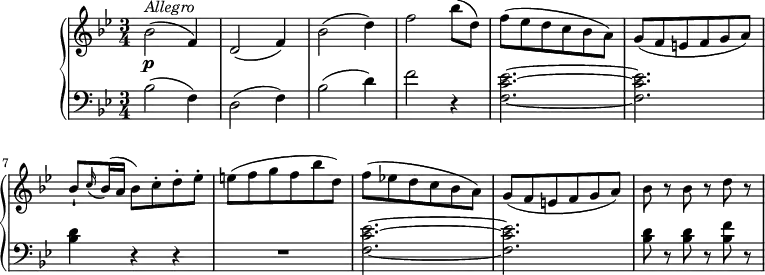 
\version "2.18.2"
\header {
  tagline = ##f
}
upper = \relative c'' {
  \clef treble
  \key bes \major
  \tempo "Allegro"
  \time 3/4
  \tempo 4 = 140
  bes2\p ^\markup{ \italic {Allegro} } ( f4) 
  d2 (f4) bes2 (d4) f2 bes8 (d,)
  f (ees d c bes a)
  g (f e f g a)
  bes-! \grace c16 (bes16) (a bes8) c-. d-. ees-.
  e (f g f bes d,)
  f (ees! d c bes a)
  g (f e f g a)
  bes r bes r d r
}

lower =\relative c' {
  \clef bass
  \key bes \major
  bes2 ( f4) 
  d2 (f4) bes2 (d4)  f2 r4
  <f, c' ees>2. ~  <f c' ees>
  <bes d>4 r r R1*3/4
  <f c' ees>2. ~  <f c' ees>
  <bes d>8 r  <bes d> r  <bes f'> r
}
\score {
  \new PianoStaff <<  
    \new Staff = "upper" \upper
    \new Staff = "lower" \lower
  >>
  \layout {
    \context {
      \Score
      \remove "Metronome_mark_engraver"
    }
  }
 \midi { }
}
