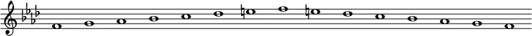 
\new Staff {
  \relative c' {
    \key f \minor
    \override Staff.TimeSignature #'stencil = ##f
    \override Staff.BarLine #'stencil = ##f
     f1 g as bes c des e f e des c bes as g f
  }
}
\midi {
  \context {
    \Score
    tempoWholesPerMinute = #(ly:make-moment 120 1)
  }
}
