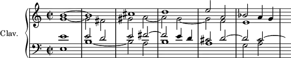 
\version "2.18.2"
\header {
  tagline = ##f
}
upper = \relative c'' {
  \clef treble 
  \key c \major
  \time 2/2
  \tempo 2 = 66
  \tempo "Con brio"
  \set Staff.midiInstrument = #"church organ"

  << { b1~ b cis d e2 a, bes a4 g } \\ { g1~ g2 fis gis a~ a g~ g f e1 s8 } >>

}

lower = \relative c' {
  \clef bass
  \key c \major
  \time 2/2
  \set Staff.midiInstrument = #"church organ"
   
  << { e1 e2 d e fis~ fis e4 d cis2 d~ d c~ \hideNotes c8 } \\ { e,1 b'1~ b2 a b1 a g2 a } >>

} 

\score {
  \new PianoStaff <<
    \set PianoStaff.instrumentName = #"Clav."
    \new Staff = "upper" \upper
    \new Staff = "lower" \lower
  >>
  \layout {
    \context {
      \Score
      \remove "Metronome_mark_engraver"
    }
  }
  \midi { }
}
