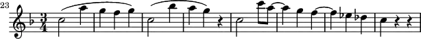
\header {
  tagline = ##f
}

\score {
  \new Staff \with {

  }
<<
  \relative c'' {
    \key f \major
    \time 3/4
    \tempo 4 = 80
    \override TupletBracket #'bracket-visibility = ##f 
    %\autoBeamOff
    \set Staff.midiInstrument = #"string ensemble 1"
  \set Score.currentBarNumber = #23
  \bar ""

     %%% AB 5-3 th2
     c2( a'4 g f g) c,2( bes'4 a g) r4 c,2 c'8 a~ a4 g f4~ f ees des c r4 r4

  }
>>
  \layout {
    \context { \Score \remove "Metronome_mark_engraver"
    }
  }
  \midi {}
}
