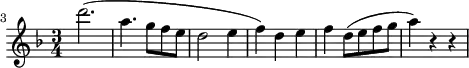 
\header {
  tagline = ##f
}

\score {
  \new Staff \with {

  }
<<
  \relative c'' {
    \key f \major
    \time 3/4
    \tempo 4 = 80
    \override TupletBracket #'bracket-visibility = ##f 
    %\autoBeamOff
    \set Staff.midiInstrument = #"string ensemble 1"
  \set Score.currentBarNumber = #3
  \bar ""

     %%% AB 5-3 th1
     d'2.( a4. g8 f e d2 e4 f) d e4 f d8( e f g a4) r4 r4

  }
>>
  \layout {
    \context { \Score \remove "Metronome_mark_engraver"
    }
  }
  \midi {}
}
