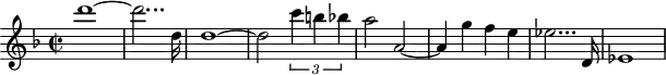 
\header {
  tagline = ##f
}

\score {
  \new Staff \with {

  }
<<
  \relative c'' {
    \clef treble
    \key f \major
    \time 2/2
    \tempo 2 = 55
    %\autoBeamOff
    \set Staff.midiInstrument = #"string ensemble 1"

     %%%%%%%%%%%%%%%%%%%%%%%%%% AB 9-1 th1
     d'1~ d2... d,16 d1~ d2 \times 2/3 { c'4 b! bes } a2 a,2~ a4 g' f e ees2... d,16 ees1

  }
>>
  \layout {
    \context { \Score \remove "Metronome_mark_engraver"
    }
  }
  \midi {}
}
