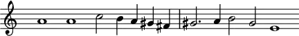 
\header {
  tagline = ##f
}

\score {
  \new Staff \with {
     \remove "Time_signature_engraver"
  }
<<
  \relative c'' {
    \key c \major
    %\clef bass
    \time 4/1
    \override TupletBracket #'bracket-visibility = ##f 

     %%% f° 61-65
     s2 a1 a  c2 b4 a gis fis | gis2. a4 b2 gis  e1
  }
>>
  \layout {
     \context { \Score \remove "Metronome_mark_engraver" }
  }
  \midi {}
}
