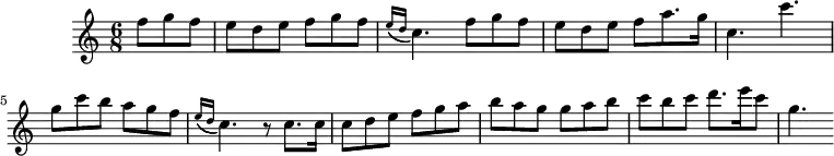 \version "2.18.2"
\header {
tagline = ##f
}
\score {
\new Staff \with {
}
%acciaccaturaed = { \tag #'print \acciaccatura { e16( d } c4.) \tag #'midi { e8 d } c4.) }
<<
\relative c'' {
\key c \major
\time 6/8
\override TupletBracket #'bracket-visibility = ##f
\set Staff.midiInstrument = #"recorder"
%%% Pep Ventura, Per tú ploro (prélude)
\partial 4.
f8 g f e d e f g f \acciaccatura { e16( d } c4.) f8 g f e d e f a8. g16 | c,4. c' | g8 c b a g f | \acciaccatura { e16( d } c4.) r8 c8. c16 | c8 d e f g a b a g g a b | c b c d8. e16 c8 g4.
}
>>
\layout {
\context { \Score \remove "Metronome_mark_engraver" }
}
\midi { \tempo 8 = 220 }
}