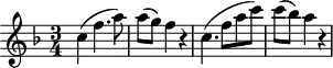 
\version "2.18.2"
\header {
  tagline = ##f
  % composer = "Mozart"
  % opus = "K. 622"
  % meter = "Adagio"
}

\score {
<<
  \relative c'' {
    \key f \major
    \time 3/4
    \override TupletBracket #'bracket-visibility = ##f 
    %\autoBeamOff

     %%%%%% K622
     c4( f4. a8) a8( g) f4 r4 c4.( f8 a c) c( bes) a4 r4 

  }
>>
  \layout {
     #(layout-set-staff-size 17)
     \context { \Score \remove "Metronome_mark_engraver" 
     \override SpacingSpanner.common-shortest-duration = #(ly:make-moment 1/2)
     }
  }
  \midi { \set Staff.midiInstrument = #"clarinet" }
}
