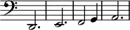 
\version "2.18.2"
\header {
  tagline = ##f
  % composer = "Johann Pachelbel"
  % opus = ""
  % meter = ""
}

\score {
<<
  \relative c {
   \clef bass
    \key c \major
    \time 3/4
    \omit Staff.TimeSignature
    \override TupletBracket #'bracket-visibility = ##f 

     d,2. e f2 g4 | a2.

  }
>>
  \layout {
     #(layout-set-staff-size 17)
     \context { \Score \remove "Metronome_mark_engraver" 
     \override SpacingSpanner.common-shortest-duration = #(ly:make-moment 1/2)
     }
  }
}
