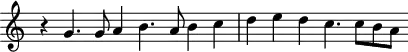 
\header {
  tagline = ##f
}

\score {
  \new Staff \with {
     \remove "Time_signature_engraver"
  }
<<
  \relative c'' {
    \key c \major
    %\clef bass
    \time 4/2
    \override TupletBracket #'bracket-visibility = ##f 

     %%% f° 8
     r4 g4. g8 a4 b4. a8 b4 c d e d c4. c8 b a

  }
>>
  \layout {
     \context { \Score \remove "Metronome_mark_engraver" }
  }
  \midi {}
}
