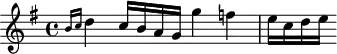 
\header {
  tagline = ##f
}

\score {
  \new Staff \with {

  }
<<
  \relative c'' {
    \key g \major
    \time 4/4
    \override TupletBracket #'bracket-visibility = ##f 
    \autoBeamOff

     %%%%%%%%%%%%%%%%%%%%%%%%%% K33d / Anh 199
     \grace { b16[ c] } d4 c16[ b a g] g'4 f! e16[ c d e]

  }
>>
  \layout {
    \context {
      \remove "Metronome_mark_engraver"
    }
  }
  \midi {}
}
