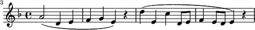 
\header {
  tagline = ##f
}

\score {
  \new Staff \with {

  }
<<
  \relative c'' {
    \key f \major
    \time 4/4
    \tempo 4 = 80
    \override TupletBracket #'bracket-visibility = ##f 
    %\autoBeamOff
    \set Staff.midiInstrument = #"string ensemble 1"
    \set Score.currentBarNumber = #3
    \bar ""

     %%% AB 5-2 th1
     a2( d,4 e f4 g e) r4 d'( e, c' d,8 e f4 e8 d e4) r4

  }
>>
  \layout {
    \context { \Score \remove "Metronome_mark_engraver"
    }
  }
  \midi {}
}
