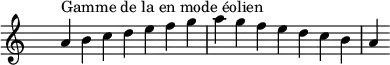 \relative c'' {
\clef treble \time 7/4 \hide Staff.TimeSignature a4^\markup { Gamme de la en mode éolien } b c d e f g a g f e d c b a
}