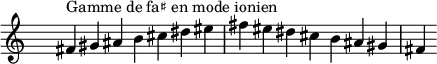 \relative c' {
\clef treble \time 7/4 \hide Staff.TimeSignature fis4^\markup { Gamme de fa♯ en mode ionien } gis ais b cis dis eis fis eis dis cis b ais gis fis
}