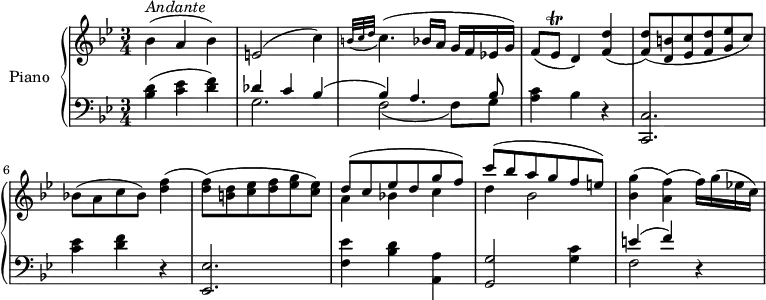 
\version "2.18.2"
\header {
  tagline = ##f
}
upper = \relative c' {
  \clef treble 
  \key bes \major
  \time 3/4
  \tempo "Andante"
  \tempo 4 = 60
  %\autoBeamOff

 
  bes'4 ^\markup{ \italic {Andante } } (a bes)
  e,2 (c'4) \grace {b32 (c d} c4.) (bes!16 a g f ees! g)
   f8 (ees \trill d4) <f d'>4 (<f d'>8) (<d b'> <ees c'> <f d'> <g ees'> c) 
   bes! (a c bes) <d f>4 (<d f>8) (<b d> <c ees> <d f> <ees g> <c ees>)
   << { \stemDown a4 bes! c d bes2} \\ {\stemUp  d8 ^ ( c ees d g f) c' ^(bes a g f e) } >>
  <bes g'>4 (<a f'>) (f'16) g (ees! c)
}

lower = \relative c {
  \clef bass
  \key bes \major
  \time 3/4
    <bes' d>4 (<c ees> <d f>)
    << { \stemDown g,2. f2 _(f8) g} \\ {\stemUp  des'4 c bes ^(bes) a4. bes8 } >>  <a c>4 bes r
    <c,, c'>2. <c'' ees>4 <d f> r
    <ees,, ees'>2. <f' ees'>4 <bes d> <a, a'>
    <g g'>2 <g' c>4  << { \stemDown  f2 } \\ {\stemUp  e'4 ^(f)  } >> r4
} 

\score {
  \new PianoStaff <<
    \set PianoStaff.instrumentName = #"Piano"
    \new Staff = "upper" \upper
    \new Staff = "lower" \lower
  >>
  \layout {
    \context {
      \Score
      \remove "Metronome_mark_engraver"
    }
  }
  \midi { }
}
