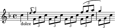 
\header {
  tagline = ##f
}

\score {
  \new Staff \with {

  }
<<
  \relative c' {
    \key f \major
    \time 4/4
    \override TupletBracket #'bracket-visibility = ##f 
    \autoBeamOff

     %%%%%%%%%%%%%%%%%%%%%%%%%% K30 Il faut retourner les queue de note de la voix supérieure. Comment ?
     \partial 4 c'-"dolce"

           <<
                 \new Voice                                
                 \relative c'
                 {       \voiceOne 
                         \grace e'16( f4) s2 {\times 2/3 { f8( g a }} g4) 
                 }
                                        
                 \new Voice              
                 \relative c''
                 {      \voiceTwo          
                        \times 2/3 { f,8 a c } \times 2/3{ f,8 a c } \times 2/3{ f,8 a c } \times 2/3{ f,8 a c } \times 2/3{ e, g c }
                 }
         >>
  }
>>
  \layout {
    \context {
      \remove "Metronome_mark_engraver"
    }
  }
  \midi {}
}
