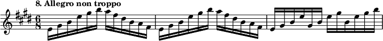 
%etude8
\relative e'
{  
\time 6/8
\tempo "8. Allegro non troppo"
\key e \major
e16 gis b e gis b a fis dis b a fis | e16 gis b e gis b a fis dis b a fis | e gis b e gis, b e gis b, e gis b |
} 

