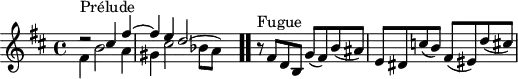 
\version "2.18.2"
\header {
  tagline = ##f
}

\score {
  \new Staff \with {
%fontSize = #-2
  }
<<
  \relative c'' {
    \key b \minor
    \time 4/4
	\set Staff.midiInstrument = #"harpsichord" 

     %% INCIPIT CBT I-24, BWV 869, si mineur 
     << { d2\rest^\markup{Prélude} cis4 fis~ \once \override Staff.TimeSignature #'stencil = ##f \time 9/8 fis e d2~ \hideNotes d8 } \\ { fis,4 b2 a4 gis cis2 bes8[ a] } >> \bar ".."

      \once \override Staff.TimeSignature #'stencil = ##f \time 4/4
      r8^\markup{Fugue} fis8 d b g'( fis) b( ais) | e dis c'( b) fis( eis) d'( cis)
  }
>>
  \layout {
     #(layout-set-staff-size 17)
     \context { \Score \remove "Metronome_mark_engraver" 
     \override SpacingSpanner.common-shortest-duration = #(ly:make-moment 1/2)
}
  }
  \midi {}
}
