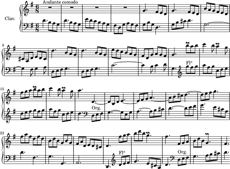 
\version "2.18.2"
\header {
  tagline = ##f
  % composer = "Domenico Scarlatti"
  % opus = "K. 328"
  % meter = "Andante comodo"
}

%% les petites notes
trillBqUp       = { \tag #'print { b'8\prall } \tag #'midi { c32 b c b } }
trillA          = { \tag #'print { a4\prall } \tag #'midi { b32 a b a~ a8 } }
trillBq         = { \tag #'print { b8\prall } \tag #'midi { c32 b c b } }
trillGp         = { \tag #'print { g4.\prall } \tag #'midi { a32 g a g~ g4 } }

upper = \relative c'' {
  \clef treble 
  \key g \major
  \time 6/8
  \tempo 4. = 92
  \set Staff.midiInstrument = #"harpsichord"
  \override TupletBracket.bracket-visibility = ##f

      s8*0^\markup{Andante comodo}
      R2.*4 | \repeat unfold 2 { g4. fis8 e d } |  
      % ms. 7
      b'8 a g fis e d | cis a d e d cis | \repeat unfold 2 { d'4. b8 a g } |
      % ms. 11
      e'8 d c b a g | fis d g a g fis | g4. \trillBqUp a8 b | c4 b8 \trillA g8 | fis g a \trillBq a8 b |
      % ms. 16
      c4 b8 \trillA g8 | a4. d,,4.~ | d8 b d e4.~ | e8 fis g a4.~ | a8 b cis d4.~ |
      % ms. 21
      d8 e fis g4. | fis8 a fis d fis d | b d b g b g | fis a d, e d cis | d4. fis'8 g a |
      % ms. 26
      b8 d b \trillGp | fis4. fis,8 g a | b d b \trillGp | fis4. 
      % ms. 31
      

}

lower = \relative c' {
  \clef bass
  \key g \major
  \time 6/8
  \set Staff.midiInstrument = #"harpsichord"
  \override TupletBracket.bracket-visibility = ##f

    % ************************************** \appoggiatura a16  \repeat unfold 2 {  } \times 2/3 { }   \omit TupletNumber 
      \repeat unfold 2 { d4. b8 a g } | e'8 d c b a g | fis d g a g fis | g b g | d4. |
      % ms. 6
      g8 b cis d4. | g,2.~ | g4 fis8 g4 a8 | \repeat unfold 2 { d,8 e fis g4. } |
      % ms. 11
      c2.~ | c4 b8 c4 d8 | g,4.   \clef treble  g''8^\markup{Fl°} fis g | a fis g c, d e | d e fis g fis g |
      % ms. 16
      a8 fis g c, d e | d4.   \clef bass  d,,8^\markup{Org.} e fis | g4.~ g8 e g | a4.~ a8 b cis | d4.~ d8 e fis |
      % ms. 21
      g4. e8 cis a | d4. fis, | g g, | a2. | d,4.  \clef treble   d''8^\markup{Fl°} e fis |
      % ms. 26
      g4. e8 cis a | d4.  \clef bass  d,8^\markup{Org.} e fis | g4. a8 b cis | d4. 
      % ms. 31
      

}

thePianoStaff = \new PianoStaff <<
    \set PianoStaff.instrumentName = #"Clav."
    \new Staff = "upper" \upper
    \new Staff = "lower" \lower
  >>

\score {
  \keepWithTag #'print \thePianoStaff
  \layout {
      #(layout-set-staff-size 17)
    \context {
      \Score
     \override SpacingSpanner.common-shortest-duration = #(ly:make-moment 1/2)
      \remove "Metronome_mark_engraver"
    }
  }
}

\score {
  \keepWithTag #'midi \thePianoStaff
  \midi { }
}
