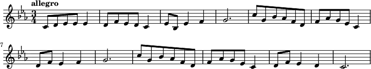 
{
% 0
 \tempo "allegro"
\numericTimeSignature \time 3/4 \key c \minor
 c'8 d'8 ees'8 ees'8 ees'4 d'8 f'8 ees'8 d'8 c'4 ees'8 bes8 ees'4 f'4 g'2.

% 2

c''8 g'8 bes'8 aes'8 f'8 d'8 f'8 aes'8 g'8 ees'8 c'4 d'8 f'8 ees'4 f'4 g'2. c''8 g'8 bes'8 aes'8 f'8 d'8 f'8 aes'8 g'8 ees'8 c'4 d'8 f'8 ees'4 d'4 c'2.
\bar "|"
}
