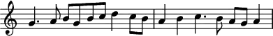 
\header {
  tagline = ##f
}

\score {
  \new Staff \with {
     \remove "Time_signature_engraver"
  }
<<
  \relative c'' {
    \key c \major
    %\clef bass
    \time 3/2
    \override TupletBracket #'bracket-visibility = ##f 

     %%% f° 77v-78
     g4. a8 b g b c d4  c8 b a4 b  c4. b8 a g a4 

  }
>>
  \layout {
     \context { \Score \remove "Metronome_mark_engraver" }
  }
  \midi {}
}
