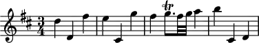 
\header {
  tagline = ##f
}

\score {
  \new Staff \with {

  }
<<
  \relative c'' {
    \key d \major
    \time 3/4
    \override TupletBracket #'bracket-visibility = ##f 
    \autoBeamOff

     %%%%%%%%%%% K 64
     d4 d, fis' e cis, g'' fis g8.\trill[ fis32 g] a4 b cis,, d

  }
>>
  \layout {
    \context {
      \remove "Metronome_mark_engraver"
    }
  }
  \midi {}
}
