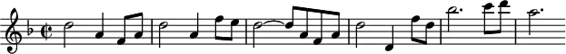 
\header {
  tagline = ##f
}

\score {
  \new Staff \with {

  }
<<
  \relative c'' {
    \clef treble
    \key f \major
    \time 2/2
    \tempo 2 = 75
    %\autoBeamOff
    \set Staff.midiInstrument = #"string ensemble 1"

     %%%%%%%%%%%%%%%%%%%%%%%%%% AB 9-1 th3
     d2 a4 f8 a d2 a4 f'8 e d2~ d8 a f a d2 d,4 f'8 d bes'2. c8 d a2.

  }
>>
  \layout {
    \context { \Score \remove "Metronome_mark_engraver"
    }
  }
  \midi {}
}

