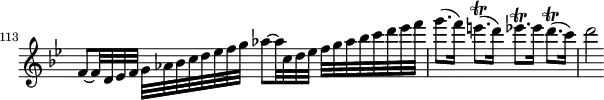 
\version "2.18.2"
\header {
  tagline = ##f
  % composer = "Marco Uccellini"
  % opus = "op. 5"
  % meter = ""
}

\score {
<<
  \relative c'' {
    \key bes \major
    \time 4/4
    \omit Staff.TimeSignature
    \override TupletBracket #'bracket-visibility = ##f 
    \set Score.currentBarNumber = #113
    \bar ""

    f,8~ f32 d ees f g aes bes c d ees f g aes8~ aes32 c, d ees f g aes bes c d ees f
    g8.( f16) e8.\trill( d16) ees8.\trill ees16 d8.\trill( c16) | d2 % ees32 d16. f32 ees16. d8.\trill ees16 | c2 r16 c,16 d e f g a bes | c8.\trill bes16 a8. g16 aes8.\trill aes16 g8. f16 | g2

  }
>>
  \layout {
    indent = #0
     #(layout-set-staff-size 17)
     \context { \Score \remove "Metronome_mark_engraver" 
     \override SpacingSpanner.common-shortest-duration = #(ly:make-moment 1/2)
     }
  }
  \midi { \set Staff.midiInstrument = #"violin" }
}
