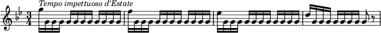 
\version "2.18.2"
\header {
  tagline = ##f
}
\score {
<<
\relative c'' { 
    \tempo "Presto" 
    \key g \minor 
    \time 3/4 
   g'16^\markup { \italic "Tempo impettuoso d’Estate" } g, \repeat unfold 10 { g } | f' g, \repeat unfold 10 { g } |
   es' g, \repeat unfold 10 { g } | d' g, \repeat unfold 6 { g }  g8 r8 |  
   }
>>
  \layout {
     indent = #0
    #(layout-set-staff-size 18)
    \override SpacingSpanner.common-shortest-duration = #(ly:make-moment 1/2) 
     \context { \Score \remove "Metronome_mark_engraver" }
  }
  \midi { }
}
