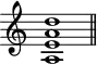 
\header {
  tagline = ##f
}

\score {
  \new Staff \with {
    \remove "Time_signature_engraver"
  }
  \relative c'' {
    \key c \major
    \time 9/1
    \tempo 1 = 60
    \autoBeamOff
    \clef treble
    \override Rest #'style = #'classical

      << a,1 e' a d >>

    \bar "||"
  }
  \layout {
    \context {
      \Score
      \remove "Metronome_mark_engraver"
    }
  }
  \midi {}
}

