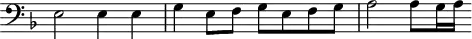 
\header {
  tagline = ##f
}

\score {
  \new Staff \with {
     \remove "Time_signature_engraver"
  }
<<
  \relative c {
    \key f \major
    \clef bass
    \time 2/2
    \override TupletBracket #'bracket-visibility = ##f 

     %%% f° 36
     e2 e4 e g  e8 f g e f g a2 a8[ g16 a]

  }
>>
  \layout {
     \context { \Score \remove "Metronome_mark_engraver" }
  }
  \midi {}
}
