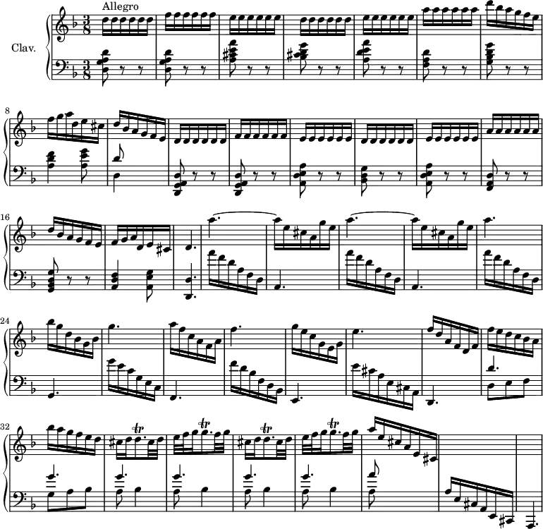 
\version "2.18.2"
\header {
  tagline = ##f
}

% thèmes
temaRep = { \repeat unfold 6 { d16 } \repeat unfold 6 { f } \repeat unfold 6 { e } \repeat unfold 6 { d } \repeat unfold 6 { e } \repeat unfold 6 { a }
  % ms. 7
  d16 bes a g f e | f g a d, e cis }
temaBass = { < d g a d >8 r8 r8 | q r8 r8 | < a' cis e a >8 r8 r8 | < bes cis d g >8 r8 r8 | < a d e a >8 r8 r8 |
   % ms. 6
   < f a d >8 r8 r8 | < g bes d g >8 r8 r8 | < a d f >4 < a e' g >8 }
temaBassG = { < d g a d >8 r8 r8 | q r8 r8 | < a' d e a >8 r8 r8 | < bes d g >8 r8 r8 | < a d e a >8 r8 r8 |
   % ms. 6
   < f a d >8 r8 r8 | < g bes d g >8 r8 r8 | < a d f >4 < a e' g >8 }

% petites notes
trillD = { \tag #'print { d8.\trill } \tag #'midi { e32 d e d~ d } }
trillG = { \tag #'print { g8.\trill } \tag #'midi { a32 g a g~ g } }

upper = \relative c'' {
  \clef treble 
  \key d \minor
  \time 3/8
  \tempo 4. = 80
  % \tempo 8 = 210
  \set Staff.midiInstrument = #"harpsichord"

  s8*0^"Allegro" \temaRep | d16 bes a g f e { \relative c' \temaRep } | d4. | \repeat unfold 2 { a''4.~ | a16 e cis a g' e } | 
  % ms. 23
  a4. | bes16 g d bes g bes | g'4. | a16 f c a f a | 
  % ms. 27
  f'4. | g16 e c g e g | e'4. | f16 d a f d f | f' e d c bes a | 
  % ms. 32
  bes'16 a g f e d | \repeat unfold 2 { cis16 d \trillD cis32 d | e f g16 \trillG f32 g } | 
  % ms. 37
  a16 e cis a e cis | \change Staff = "lower" a16 e cis a e cis | \tempo 8 = 130  a4.

}

lower = \relative c {
  \clef bass
  \key d \minor
  \time 3/8
  \set Staff.midiInstrument = #"harpsichord"

    % **************************************
    \temaBass | << { d8 } \\ { d,4 s8 } >>
    \relative c, \temaBassG < d, d' >4.
    % ms. 19
    \repeat unfold 2 { a'''16 f d a f d | a4. }
    a''16 f d a f d | g,4.
    g''16 e c g e c | f,4.
    f''16 d bes f d bes | e,4.
    e''16 cis a e cis a | d,4.
    << { d''4. | \repeat unfold 5 { g4. } a8 } \\ { d,,8 e f | g a bes | \repeat unfold 4 { a8 bes4 } a8 } >>
    s4
    s4. | s4.

}

thePianoStaff = \new PianoStaff <<
    \set PianoStaff.instrumentName = #"Clav."
    \new Staff = "upper" \upper
    \new Staff = "lower" \lower
  >>

\score {
  \keepWithTag #'print \thePianoStaff
  \layout {
      #(layout-set-staff-size 17)
    \context {
      \Score
     \override SpacingSpanner.common-shortest-duration = #(ly:make-moment 1/2)
      \remove "Metronome_mark_engraver"
    }
  }
}

\score {
  \keepWithTag #'midi \thePianoStaff
  \midi { }
}
