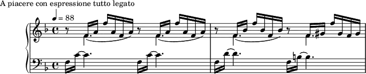 
\version "2.18.2"
\header {
  tagline = ##f
}
upper = \relative c' {
  \clef treble 
  \key f \major
  \time 4/4
  \tempo 4 = 88
  %\autoBeamOff

   %%Montgeroult — Étude 19 (pdf p. 52)
   
   << { \repeat unfold 2 { b'8\rest f16_( a f' a, f  a)} } \\ { \mergeDifferentlyDottedOn s8 f4. s8 f4. } >>
   << { b8\rest f16_( bes f' bes, f bes) b8\rest f16 gis f' gis, f gis } \\ { \mergeDifferentlyDottedOn s8 f4. s8 f4. } >>

}

lower = \relative c {
  \clef bass
  \key f \major
  \time 4/4

   \repeat unfold 2 { f16 c'~ c4. } f,16 d'~ d4. f,16 b!~ b4.
}

  \header {
    piece = "A piacere con espressione tutto legato"
  }

\score {
  \new PianoStaff <<
    \new Staff = "upper" \upper
    \new Staff = "lower" \lower
  >>
  \layout {
    \context {
      \Score
      
    }
  }
  \midi { }
}
