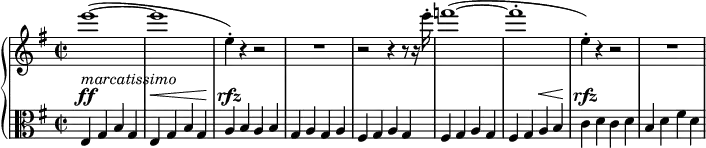 
\version "2.18.2"
\header {
  tagline = ##f
}
upper = \relative c'' {
  \clef treble 
  \key e \minor
  \time 2/2
  \set Score.tempoHideNote = ##t
  \tempo 2 = 152
  \set Staff.midiInstrument = #"piccolo"

   %%Chosta — Symphonie 8, thème Allegretto
    e'1~( e e,4-.) r4 r2 R1 r2 r4 r8 r16 e'16-. f1~( f-. e,4-.) r4 r2 R1

}

lower = \relative c {
  \clef alto
  \key e \minor
  \time 2/2
  \set Staff.midiInstrument = #"string ensemble 1"

   e4^\ff^\markup{\italic{marcatissimo}} g b g e^\< g b g\!
   a^\rfz b a b g a g a
   fis g a g fis g a g 
   fis g a^\< b\! c^\rfz d c d 
   b d fis d
}

\score {
  \new PianoStaff <<
    \new Staff = "upper" \upper
    \new Staff = "lower" \lower
  >>
  \layout {
    \context {
      \Score
      
    }
  }
  \midi { }
}

