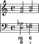 
<<\new Staff \relative{\clef treble<f'  b>2<g c>}
    \new Staff \relative{\clef bass<d aes'>2<ees g>}
    \figures {<6+ 5/>2<6 _->}>>
