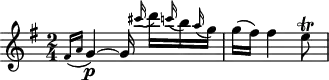 
\header {
  tagline = ##f
}

\score {
  \new Staff \with {

  }
<<
  \relative c' {
    \key g \major
    \time 2/4
    \override TupletBracket #'bracket-visibility = ##f 
    \autoBeamOff

     %%%%%%%%%%%%%%%%%%%%%%%%%% K27
     \grace { fis16([ a] } g4^~\p) g16 \grace cis'16( d16)[ \grace c!( b16) \grace a16( g16)] g16[( fis)] fis4 e8\trill

  }
>>
  \layout {
    \context {
      \remove "Metronome_mark_engraver"
    }
  }
  \midi {}
}
