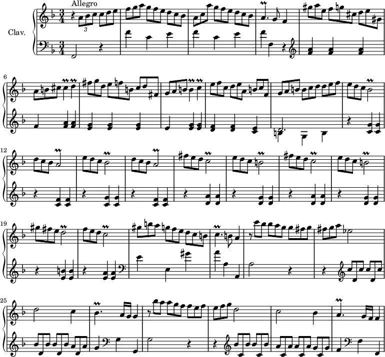 
\version "2.18.2"
\header {
  tagline = ##f
  % composer = "Domenico Scarlatti"
  % opus = "K. 167"
  % meter = "Allegro"
}

%% les petites notes
trillCb      = { \tag #'print { c2\prall } \tag #'midi { d32 c d c~ c4. } }
trillBb      = { \tag #'print { b2\prall } \tag #'midi { c32 b c b~ b4. } }
trillBesb    = { \tag #'print { bes2\prall } \tag #'midi { c32 bes c bes~ bes4. } }
trillAb      = { \tag #'print { a2\prall } \tag #'midi { bes32 a bes a~ a4. } }
trillDb      = { \tag #'print { d2\prall } \tag #'midi { e32 d e d~ d4. } }
trillCis     = { \tag #'print { cis4\prall } \tag #'midi { d32 cis d cis~ cis8 } }
trillD       = { \tag #'print { d4\prall } \tag #'midi { e32 d e d~ d8 } }
trillAp      = { \tag #'print { a4.\prall } \tag #'midi { bes32 a bes a~ a4 } }
trillB       = { \tag #'print { b4\prall } \tag #'midi { c32 b c b~ b8 } }
trillC       = { \tag #'print { c4\prall } \tag #'midi { d32 c d c~ c8 } }
trillBesp    = { \tag #'print { bes4.\prall } \tag #'midi { c32 bes c bes~ bes4 } }
trillAp      = { \tag #'print { a4.\prall } \tag #'midi { bes32 a bes a~ a4 } }
trillCp      = { \tag #'print { c4.\prall } \tag #'midi { d32 c d c~ c4 } }

upper = \relative c'' {
  \clef treble 
  \key f \major
  \time 3/4
  \tempo 4 = 112

      s8*0^\markup{Allegro}
      r4 \times 2/3 { a8 bes c }  \omit TupletNumber \times 2/3 { c8 d e } | \times 2/3 { f8 g a g[ f e] d c bes } |
      \times 2/3 { a8 c a' g[ f e] d c bes } | \trillAp g8 f4 |
      % ms. 5
      \times 2/3 { gis'8 a e f[ g cis,] d e gis, } | \times 2/3 { a8 b cis } \trillCis \trillD | \times 2/3 { fis8 g d e[ f b,] c d fis, } 
      \times 2/3 { g8 a b } \trillB \trillC | \times 2/3 { e8 f c d[ e a,] b c f, } | 
      % ms. 10
      \times 2/3 { g8 a b b[ c d] d e f } | \repeat unfold 2 { \times 2/3 { e8 d c } \trillBesb | \times 2/3 { d8 c bes } \trillAb } |
      % ms. 15
      \repeat unfold 2 { \times 2/3 { fis'8 e d } \trillCb | \times 2/3 { e d c } \trillBb } | \times 2/3 { gis'8 fis e } \trillDb |
      % ms. 20
      \times 2/3 { f8 e d } \trillCb  | \times 2/3 { gis'8 b a g[ f e] d c b } | \trillCp b8 a4 | \times 2/3 { r8 c'8 bes bes[ a g] g fis g } | \times 2/3 { fis8 g a } ees2 |
      % ms. 25
      d2 c4 | \trillBesp a16 g g4 | \times 2/3 { r8 bes'8 a a[ g f] f e f } | \times 2/3 { e8 f g } d2 | c2 bes4 |
      % ms. 30
      \trillAp g16 f f4 |

}

lower = \relative c' {
  \clef bass
  \key f \major
  \time 3/4

    % ************************************** \appoggiatura a16  \repeat unfold 2 {  } \times 2/3 { }   \omit TupletNumber 
      f,,2 r4 | \repeat unfold 2 { f''4 c e } | f f,  r4   \clef treble  |
      % ms. 5
      < f' a >4 q q | f < f a > q | < e g > q q | e < e g > q | < d f > q < c e > |
      % ms. 10
      << { d2. } \\ { b4 g b } >> | \repeat unfold 2 { r4 < c g' >4 q | r4 < c f >4 q } | 
      % ms. 15
      \repeat unfold 2 { r4 < d a' >4 q | r4 < d g >4 q } | r4 < e b' >4 q |
      % ms. 20
      r4 < e a >4 q   \clef bass | e4 e, gis' | a a, a, | a'2 r4 | r4 \clef treble \omit TupletNumber  \repeat unfold 2 { \times 2/3 { c'8[ d, c'] }  }
      % ms. 25
      \repeat unfold 2 { \times 2/3 { bes8[ d, bes'] }  } \times 2/3 { a8[ d, a'] } | g4  \clef bass g, g, | g'2 r4 | 
      r4 \clef treble \repeat unfold 2 { \times 2/3 { bes'8[ c, bes'] }  } | \repeat unfold 2 { \times 2/3 { a8[ c, a'] } } \times 2/3 { g8[ c, g'] }
      % ms. 30
      f4 \clef bass f, f, % \clef treble | 

}

thePianoStaff = \new PianoStaff <<
    \set PianoStaff.instrumentName = #"Clav."
    \new Staff = "upper" \upper
    \new Staff = "lower" \lower
  >>

\score {
  \keepWithTag #'print \thePianoStaff
  \layout {
      #(layout-set-staff-size 17)
    \context {
      \Score
     \override TupletBracket.bracket-visibility = ##f
     \override SpacingSpanner.common-shortest-duration = #(ly:make-moment 1/2)
      \remove "Metronome_mark_engraver"
    }
  }
}

\score {
  \keepWithTag #'midi \thePianoStaff
  \midi { \set Staff.midiInstrument = #"harpsichord" }
}
