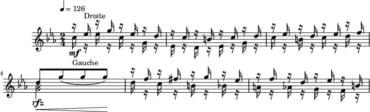 
\version "2.18.2"
\header {
  tagline = ##f
}

\score {
<<
  \relative c'' {
    \key c \minor
    \time 2/4
    \tempo 4 = 126
    \autoBeamOff
    \override TupletBracket.bracket-visibility = ##f

   %%Montgeroult — Étude 35 (pdf p. 97)
           <<
                 \new Voice                                
                 \relative c''
                 {       \voiceOne 
                         r16 ees16^\markup{Droite} r16 g r16 ees r16 d r16 c r16 b! r16 c r16 d r16 ees r16 d r16 ees r16 f
                         d8[\< g_( g g)]\!
                         r16 f  r16 fis r16 g r16 ees r16 f r16 d r16 ees r16 b!
                 }
                                        
                 \new Voice              
                 \relative c''
                 {      \voiceTwo          
                        c16_\markup{Gauche}\mf r16 ees r16 c r16 g r16 ees r16 d r16 ees r16 g r16 c r16 b! r16 c r16 d r16 
                        < bes g >2\rfz
                        d16 r16 c r16 b! r16 bes r16 a r16  aes r16  g r16 f r16 
                 }
          >>
  }

>>
  \layout {
    \context {
      %\remove "Metronome_mark_engraver"
    }
  }
  \midi {}
}
